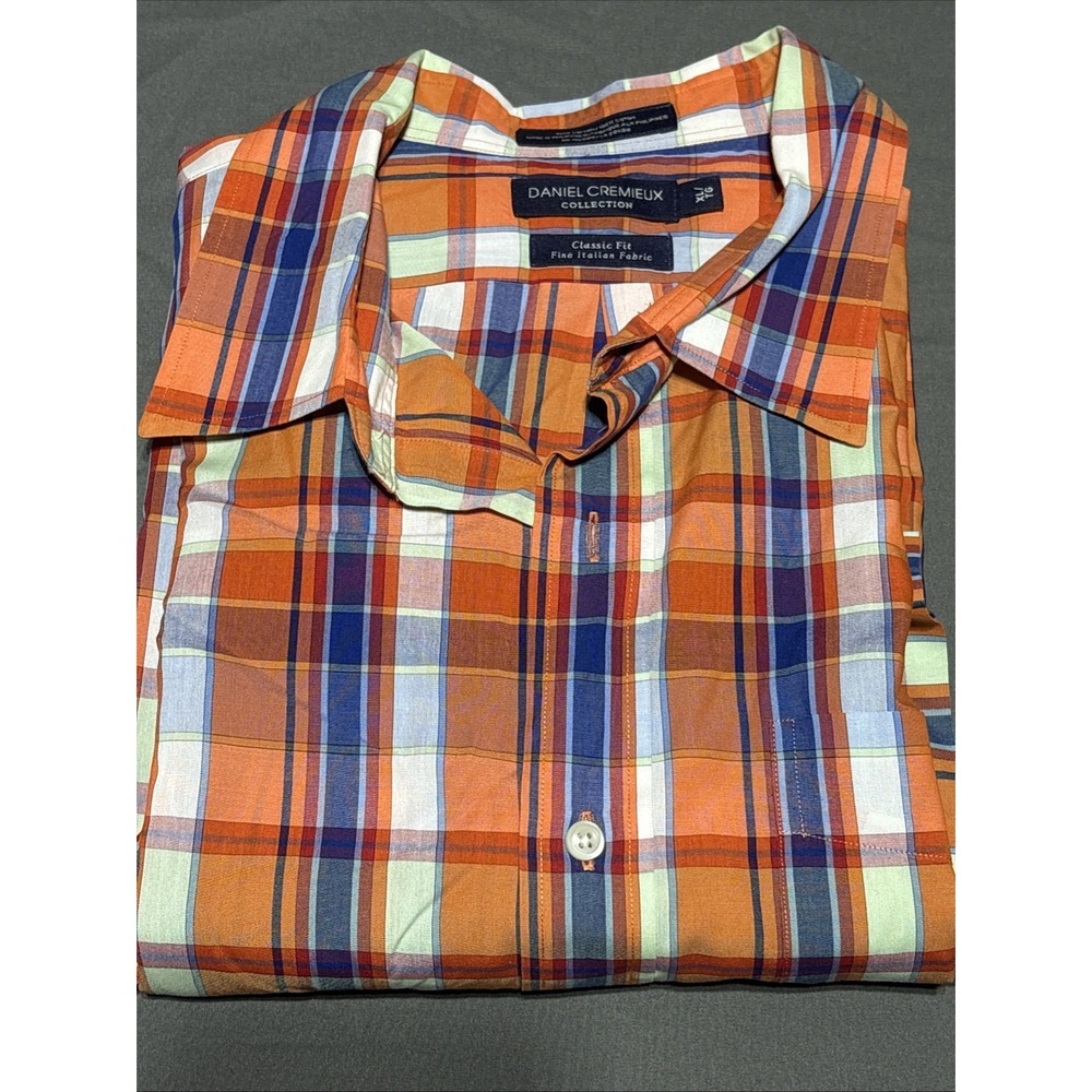Daniel Cremieux, Orange Blue Plaid Shirt, Short Sleeve Button Up, Extra Large